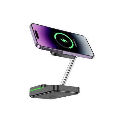 Hoco 3in1 15W Masaüstü Kablosuz Şarj Standı - Siyah 6942007618359