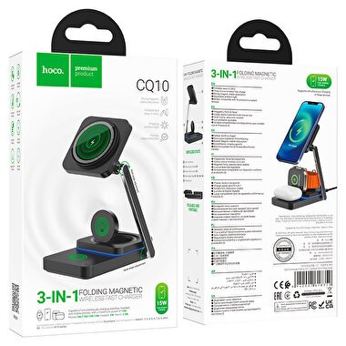 Hoco 3in1 15W Masaüstü Kablosuz Şarj Standı - Siyah 6942007618359