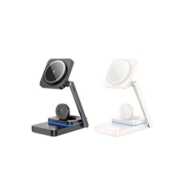 Hoco 3in1 15W Masaüstü Kablosuz Şarj Standı-Beyaz 6942007618366